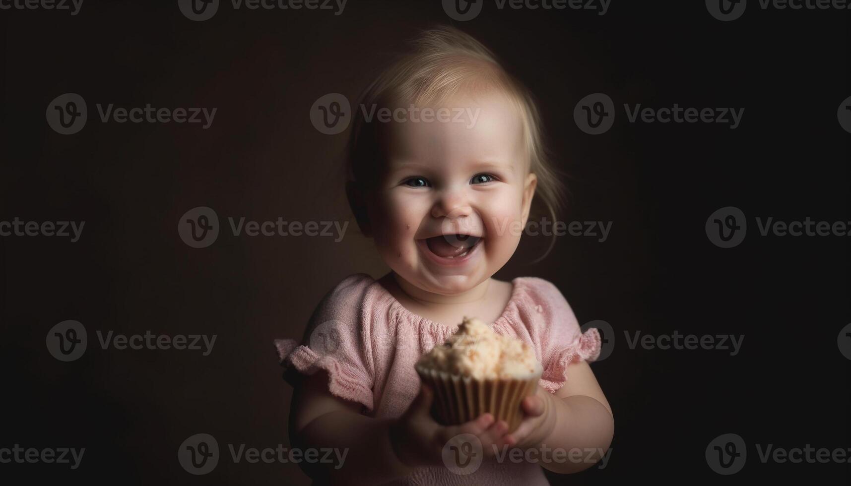 Cute baby girl smiling while eating sweet cupcake indoors generated by AI photo