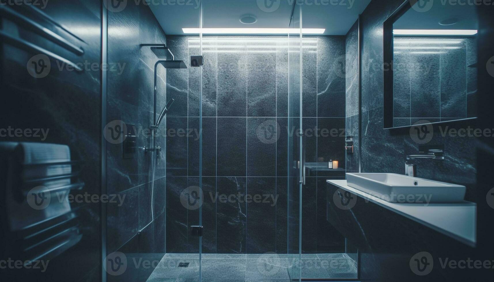 Modern domestic bathroom design with blue tile, chrome faucet, and illuminated cabinet generated by AI photo