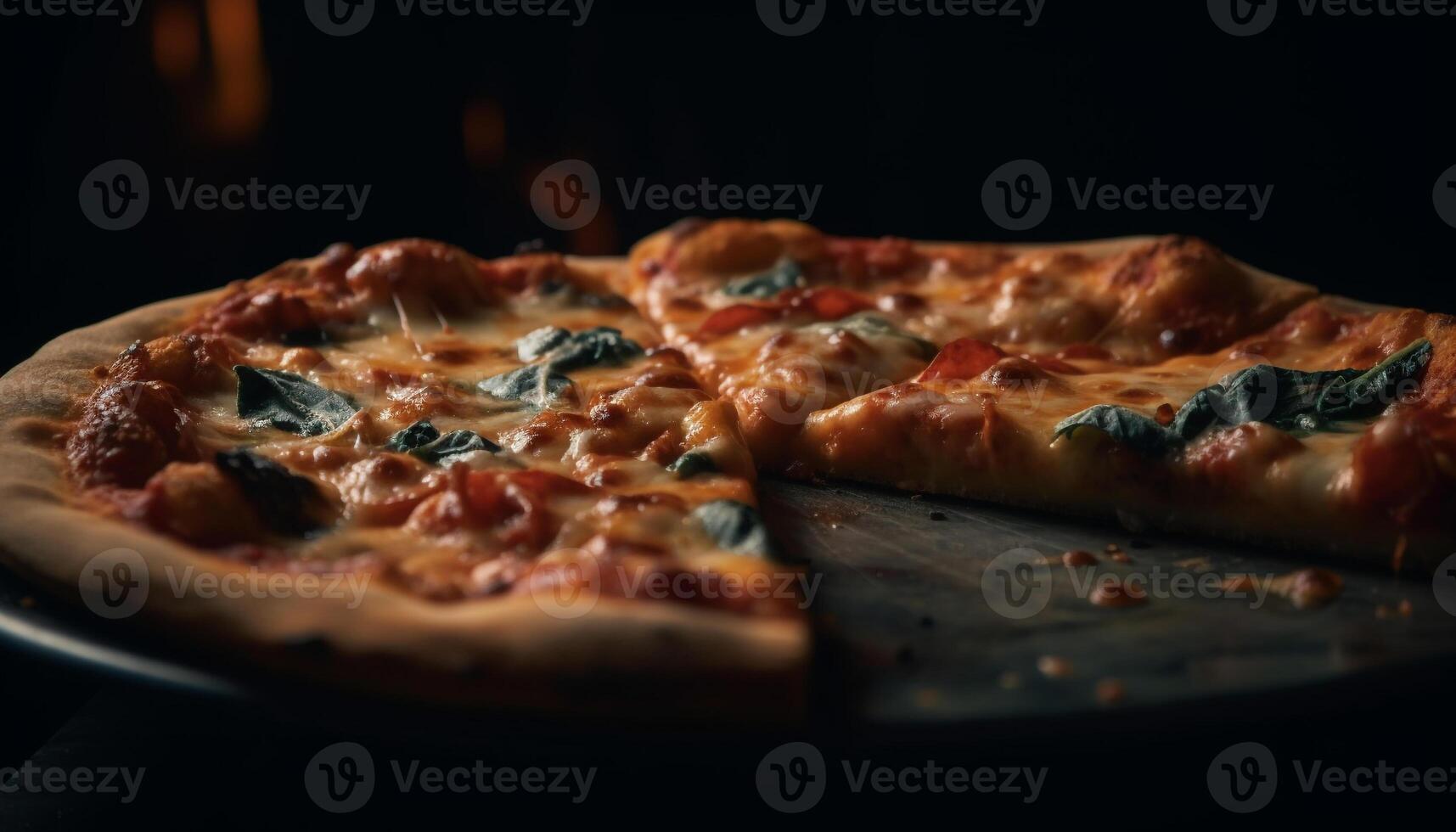 Close up of homemade baked pizza with fresh mozzarella and tomato generated by AI photo