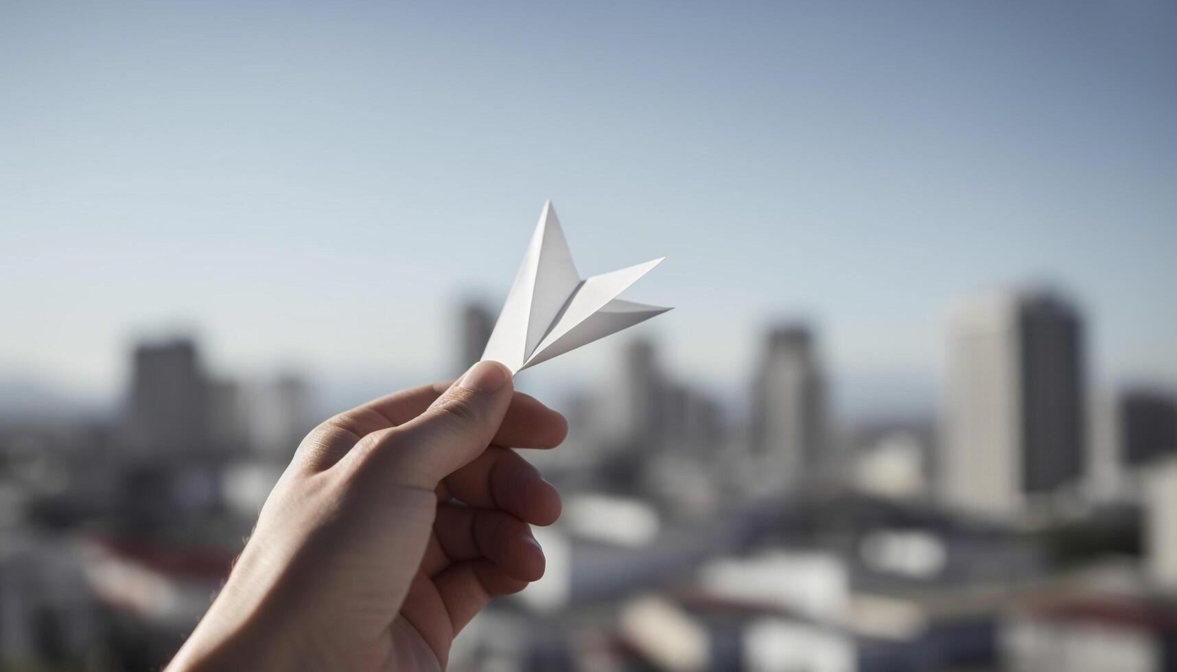 Businessman holding paper airplane, flying towards success in cityscape generated by AI photo