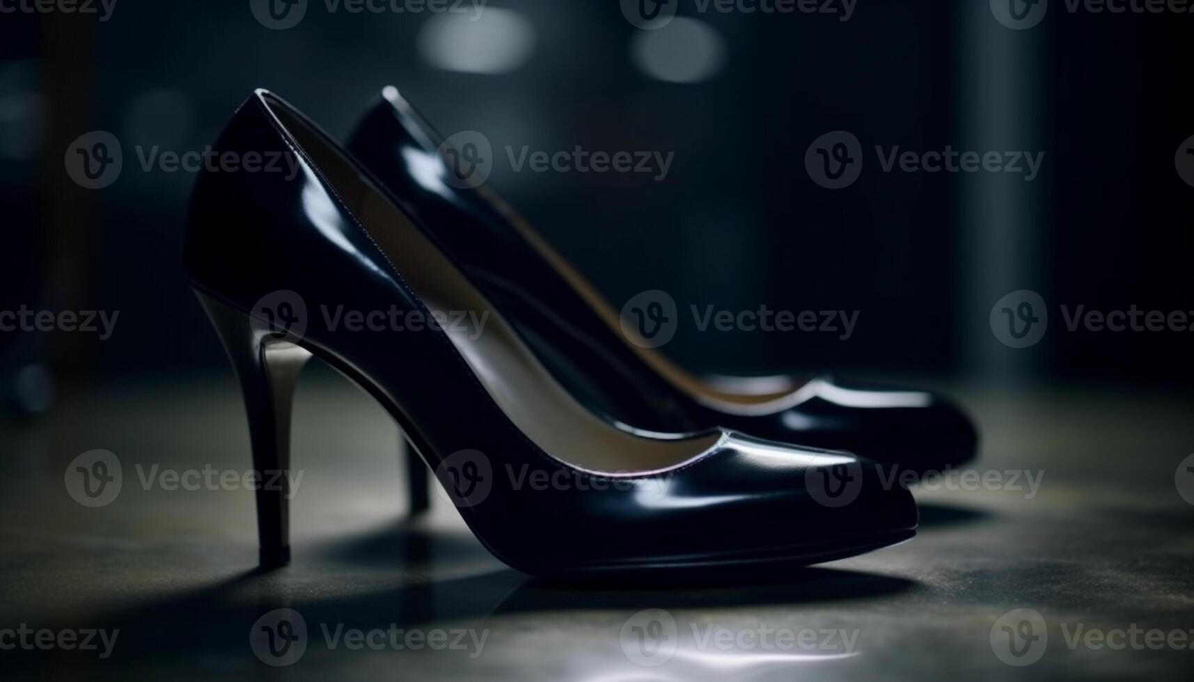 Modern women luxury shoe, elegant stiletto in shiny black patent leather generated by AI photo