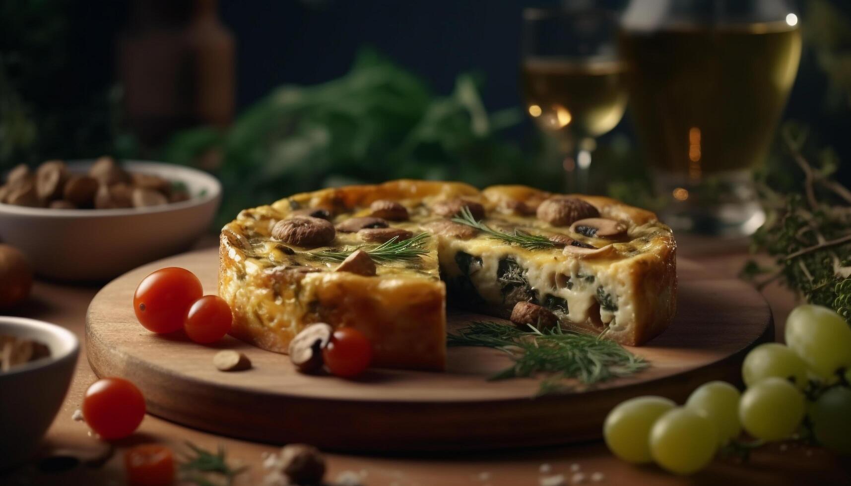 Freshly baked quiche with mozzarella, tomato, and parsley on rustic wood generated by AI photo