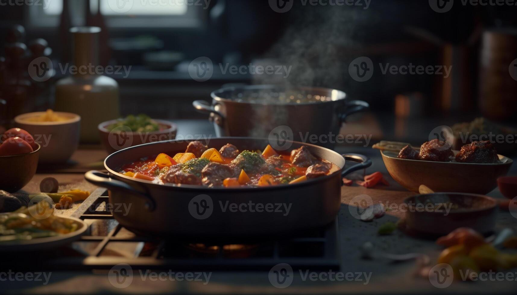 Healthy vegetarian stew cooked on rustic cast iron pan indoors generated by AI photo