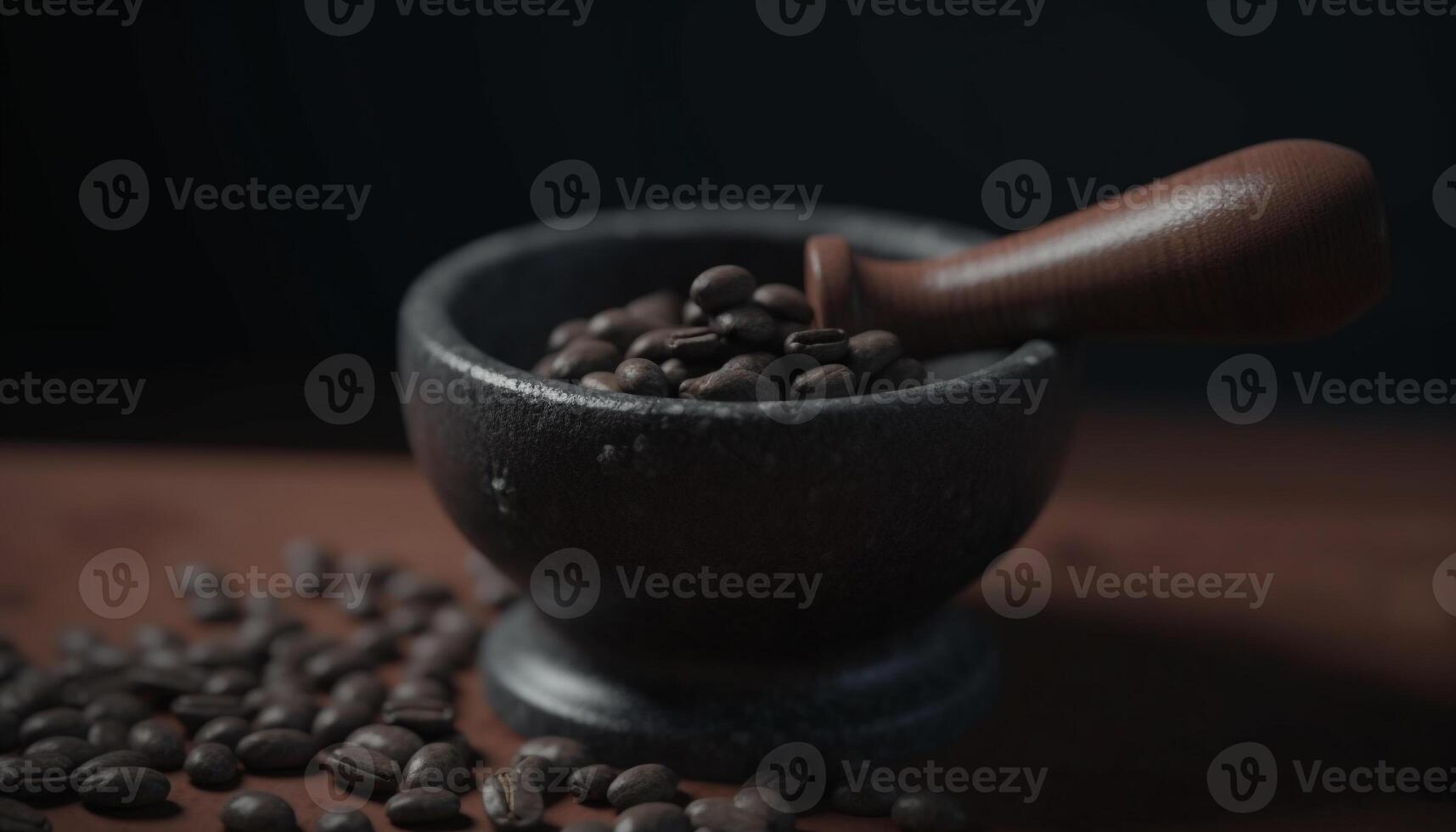 recién suelo orgánico café frijoles en un oscuro de madera cuchara generado por ai foto