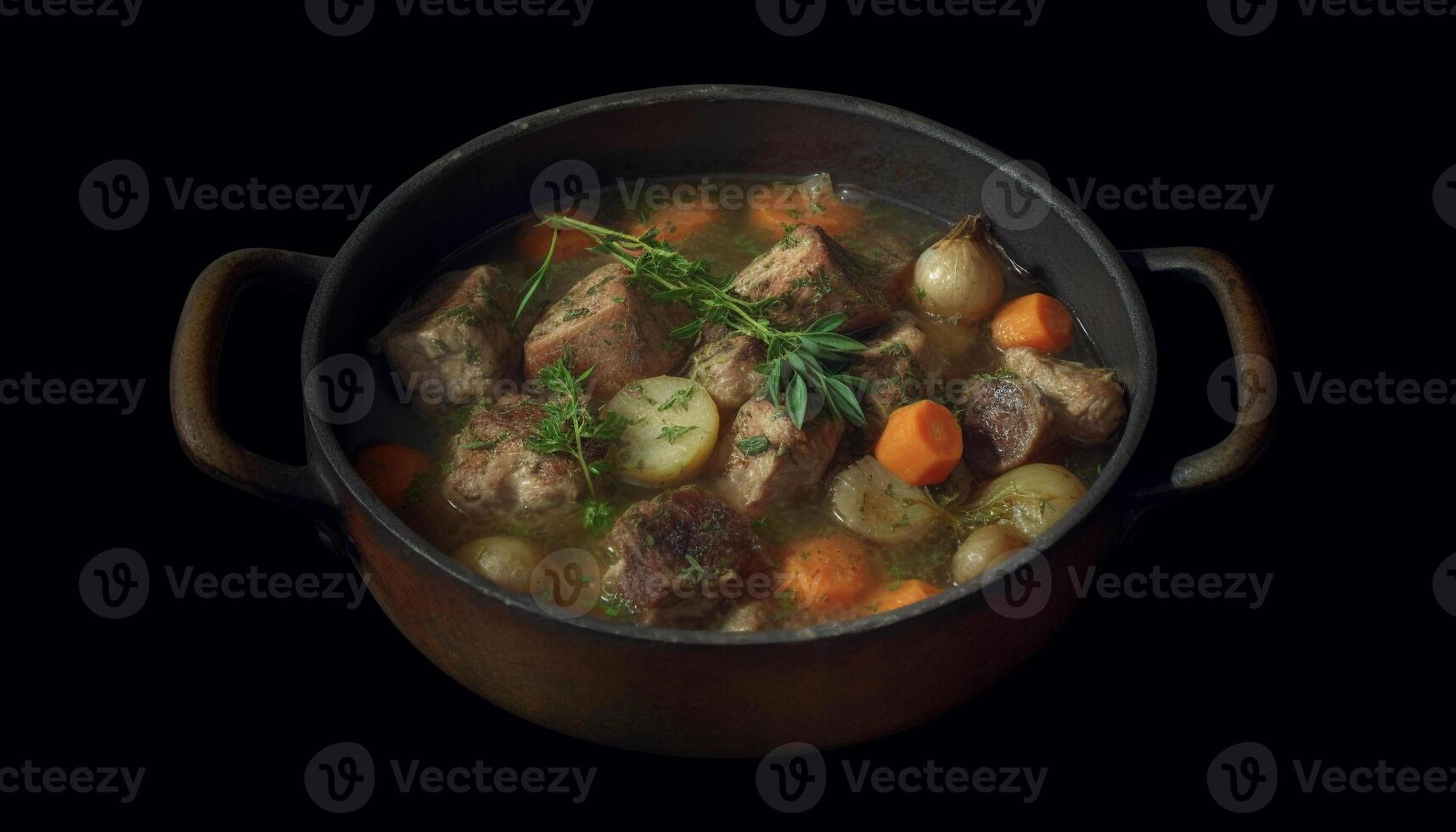 Healthy beef stew with vegetables and herbs, cooked in crockery generated by AI photo