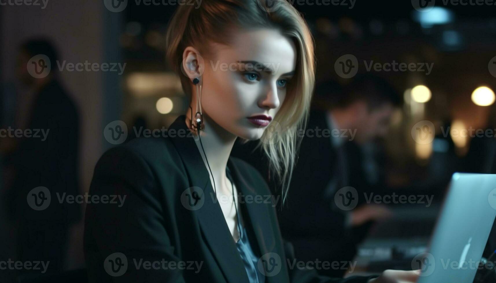 Confident businesswoman and businessman working late in modern office glamourously generated by AI photo