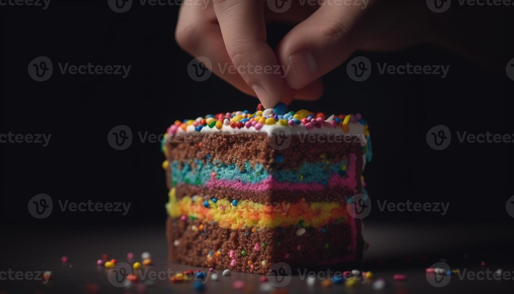 Hand holding colorful birthday cookie with creamy icing and decoration generated by AI photo