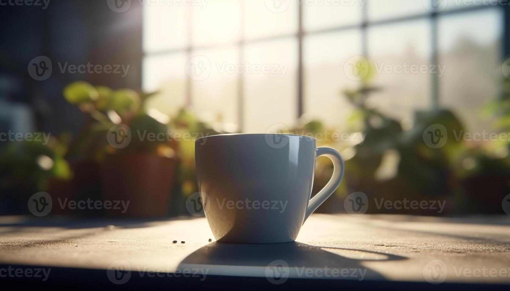 un Fresco café taza en un de madera mesa por el ventana generado por ai foto