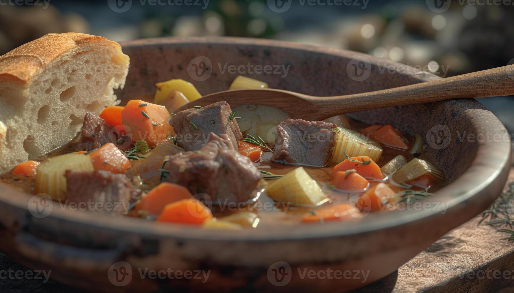 recién preparado carne de vaca estofado con A la parrilla vegetales en rústico plato generado por ai foto