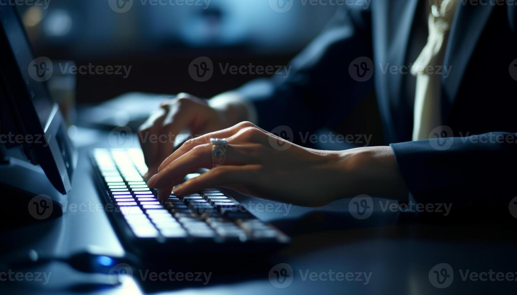 Busy businessman typing on computer keyboard in modern office environment generated by AI photo