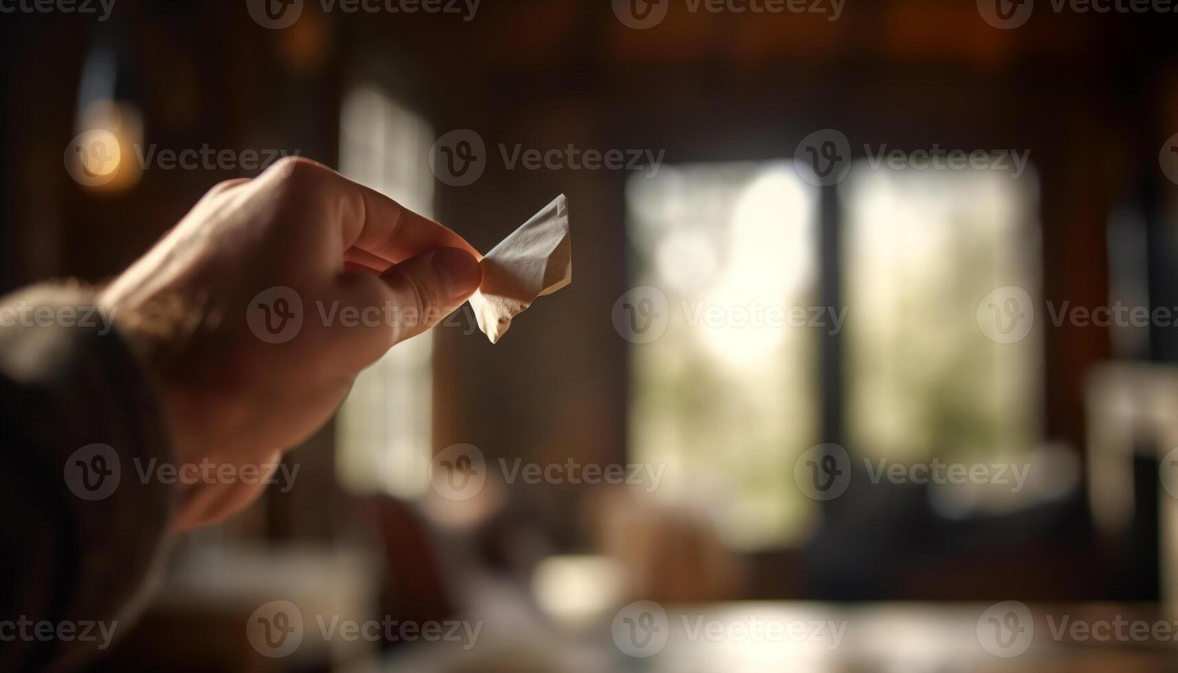 One person sitting indoors at a table holding paper craft generated by AI photo