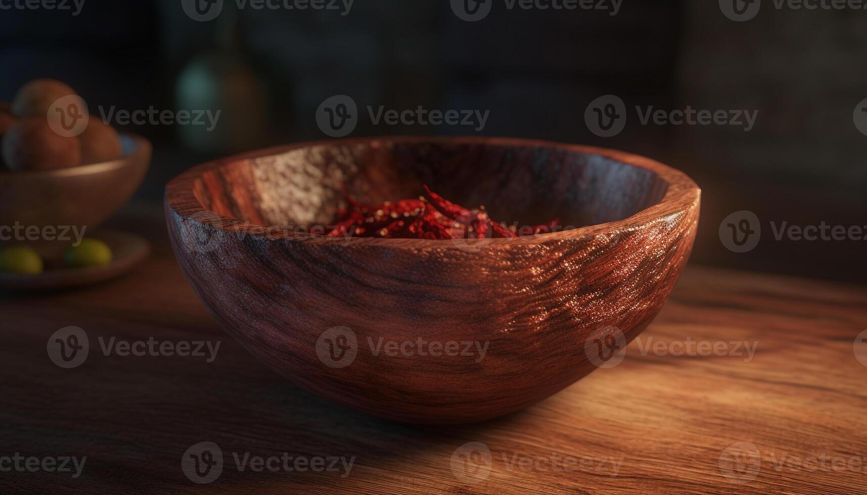 Fresco orgánico vegetal Condimento en rústico de madera cuenco en mesa generado por ai foto