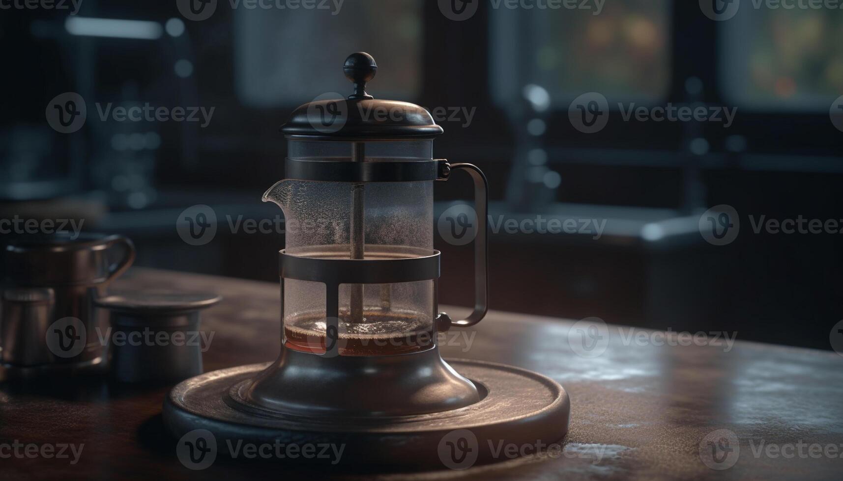 Rustic coffee pot on old fashioned wooden table in dark kitchen generated by AI photo