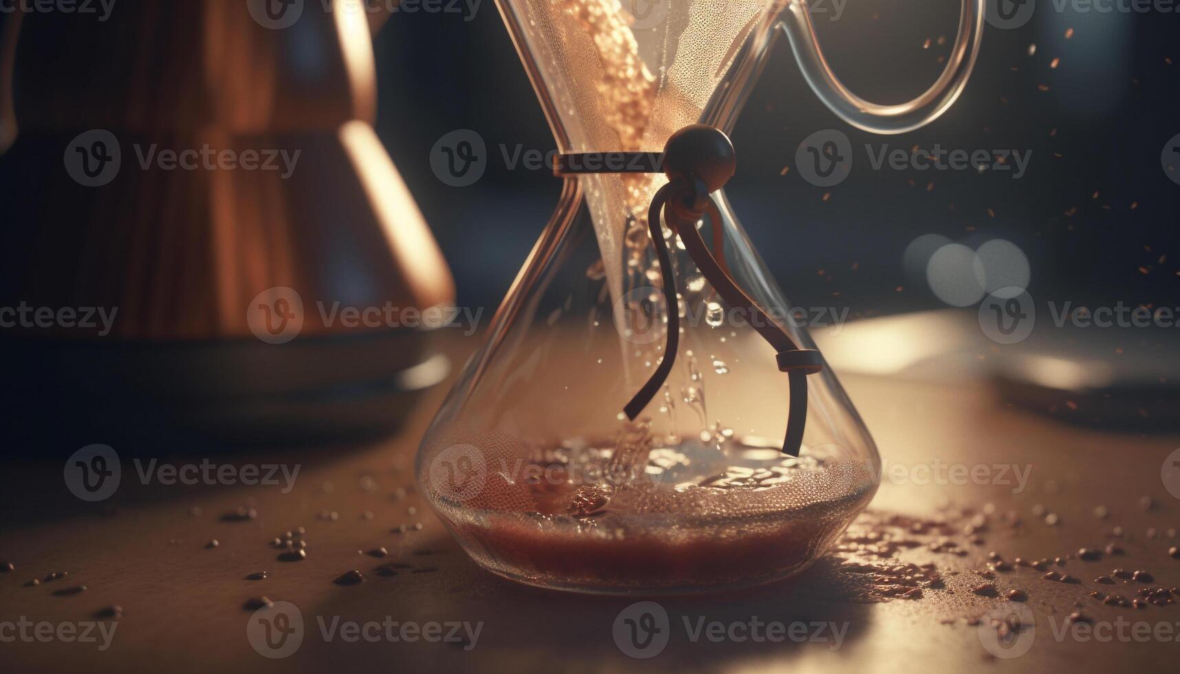 Transparent glass bottle reflects illuminated flame, pouring fresh liquid generated by AI photo