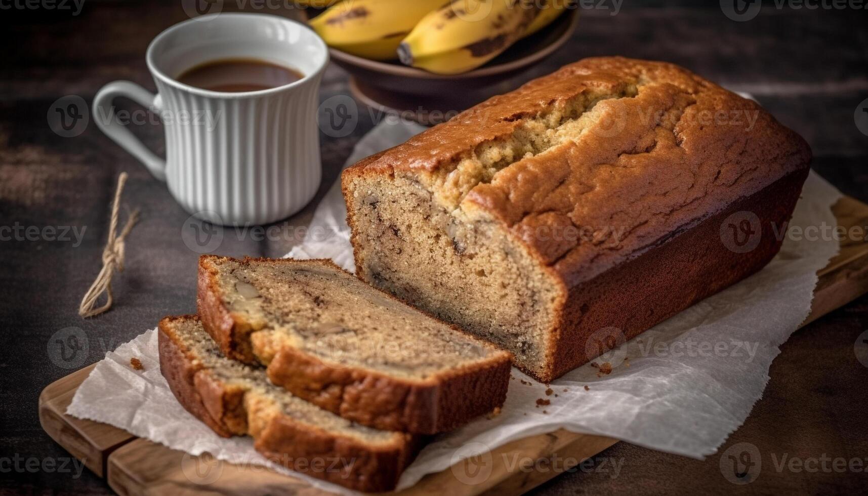 Homemade rustic bread slice with sweet banana and chocolate drink generated by AI photo