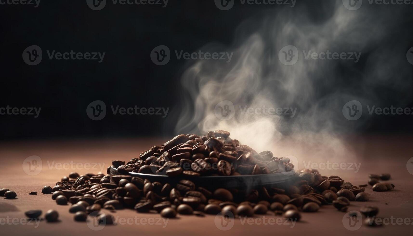 Dark roasted coffee bean heap steams in close up still life generated by AI photo
