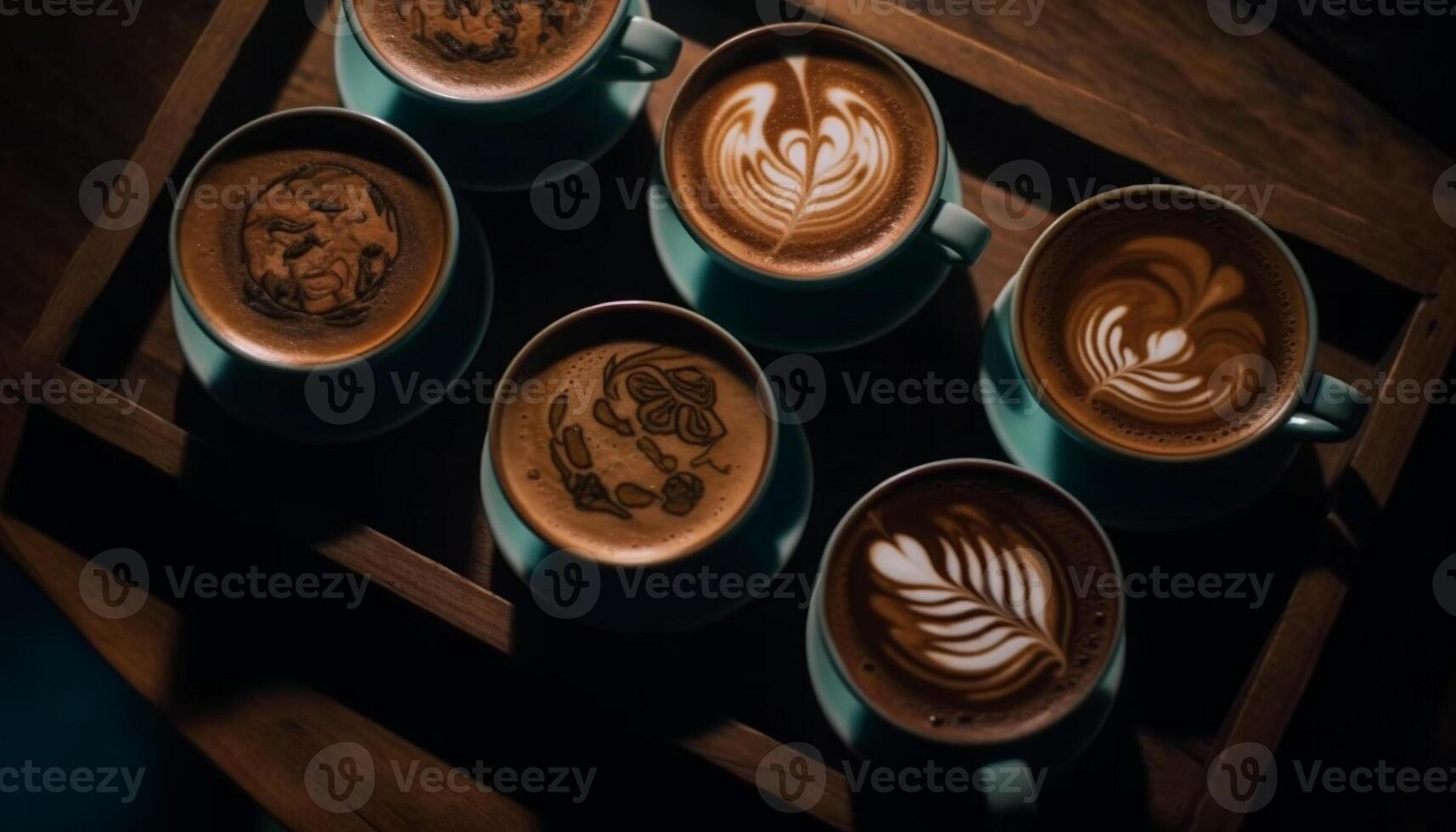 Frothy drinks on wooden table cappuccino, latte, mocha, addiction generated by AI photo