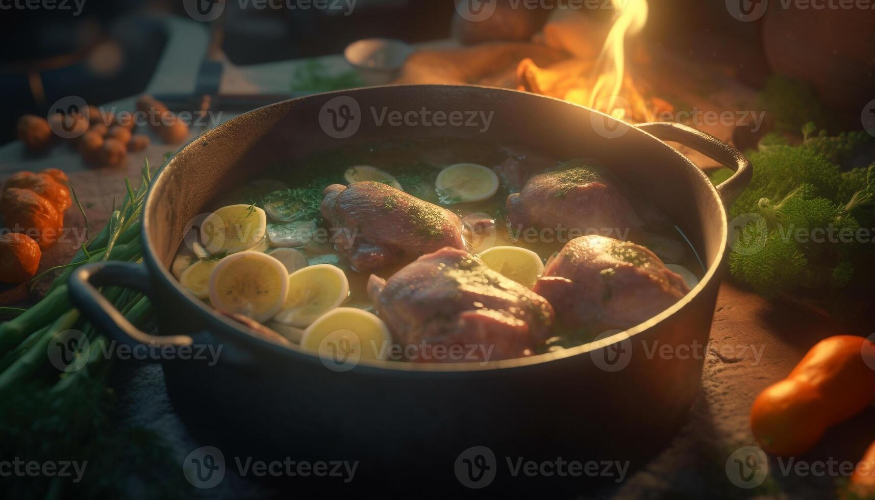 Grilled meat and vegetables cooked over an open flame outdoors generated by AI photo