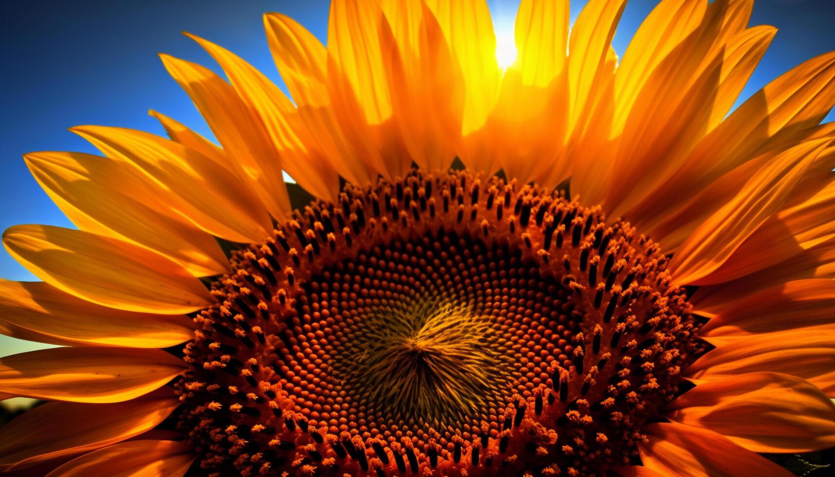 Vibrant sunflower head, close up of yellow petal and pollen pattern generated by AI photo