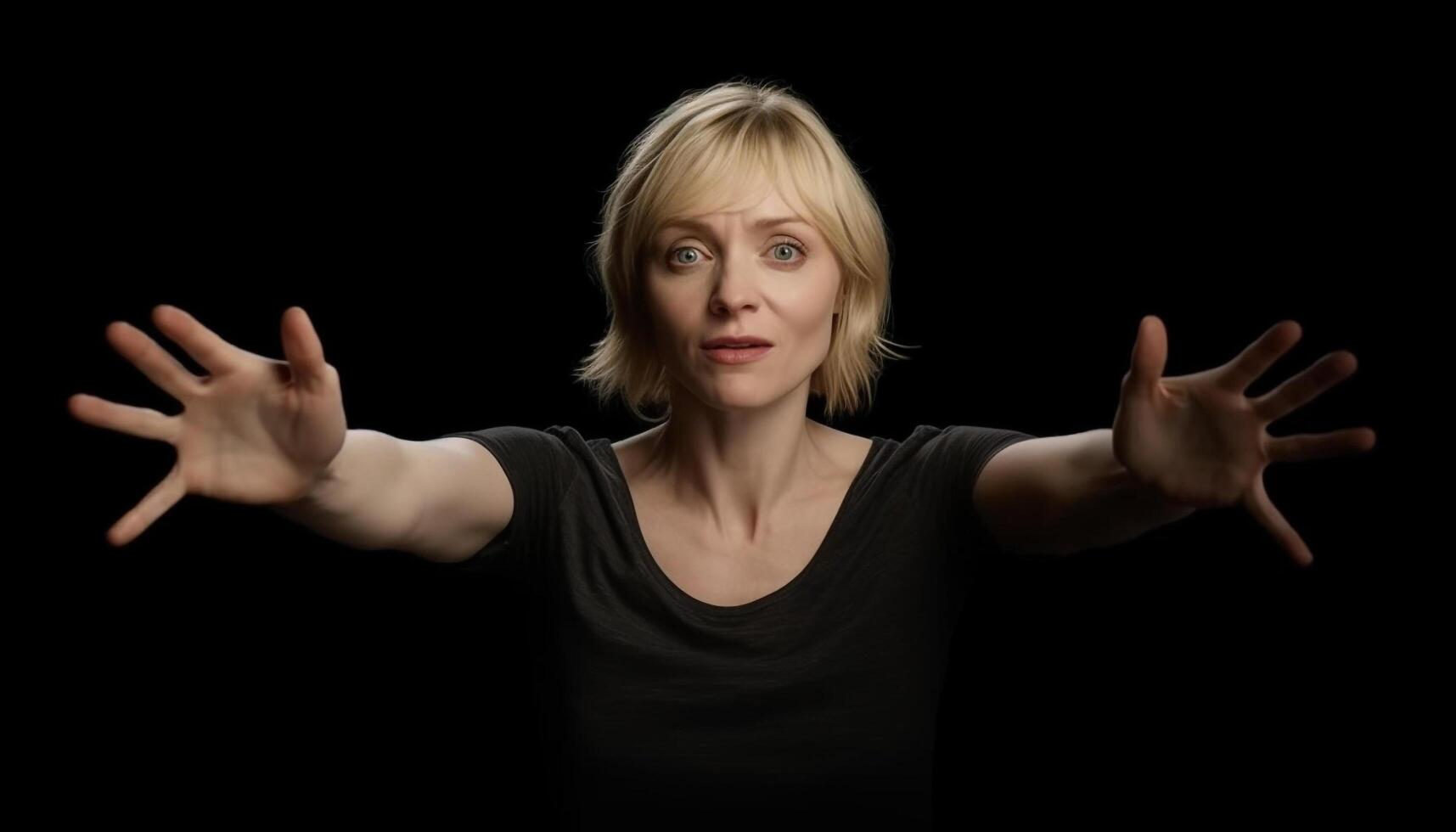 One young adult woman gesturing frustration, shock, joy, and sadness generated by AI photo