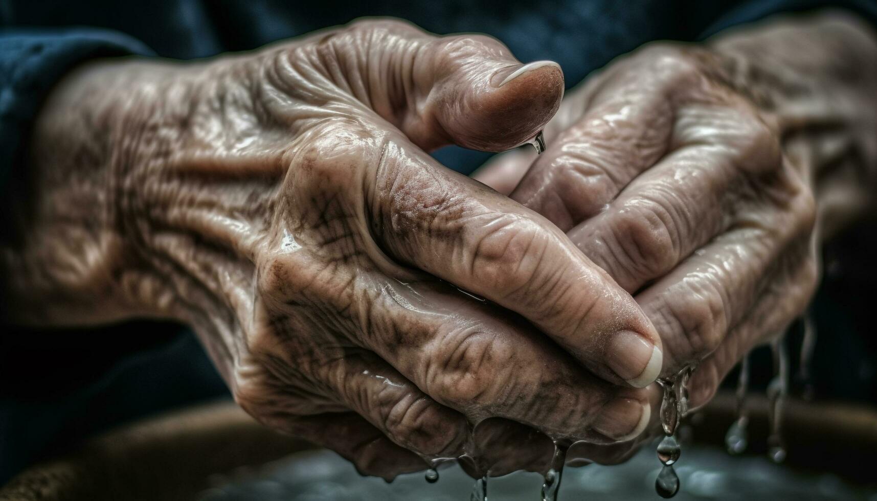 Wrinkled hand holding fresh water drop, aging process in focus generated by AI photo