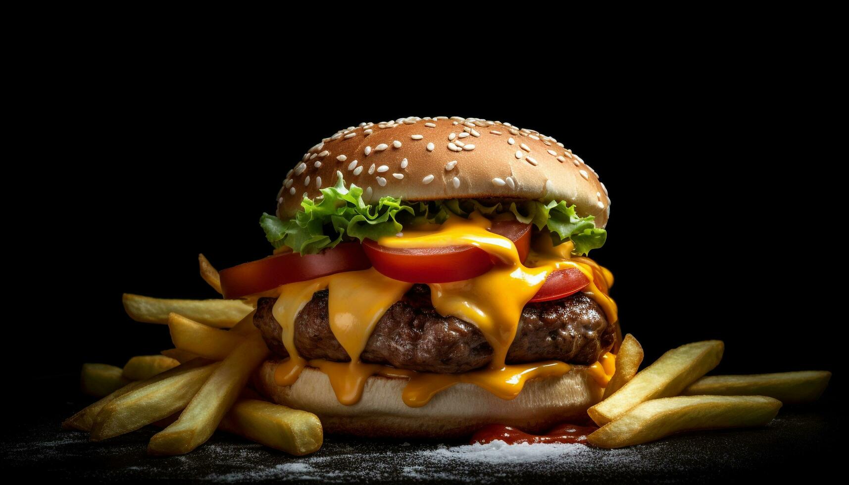 Grilled cheeseburger meal with fresh tomato and French fries on black generated by AI photo