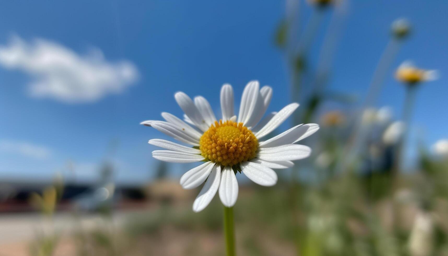 Vibrant chamomile blossom in meadow, surrounded by fresh green grass generated by AI photo