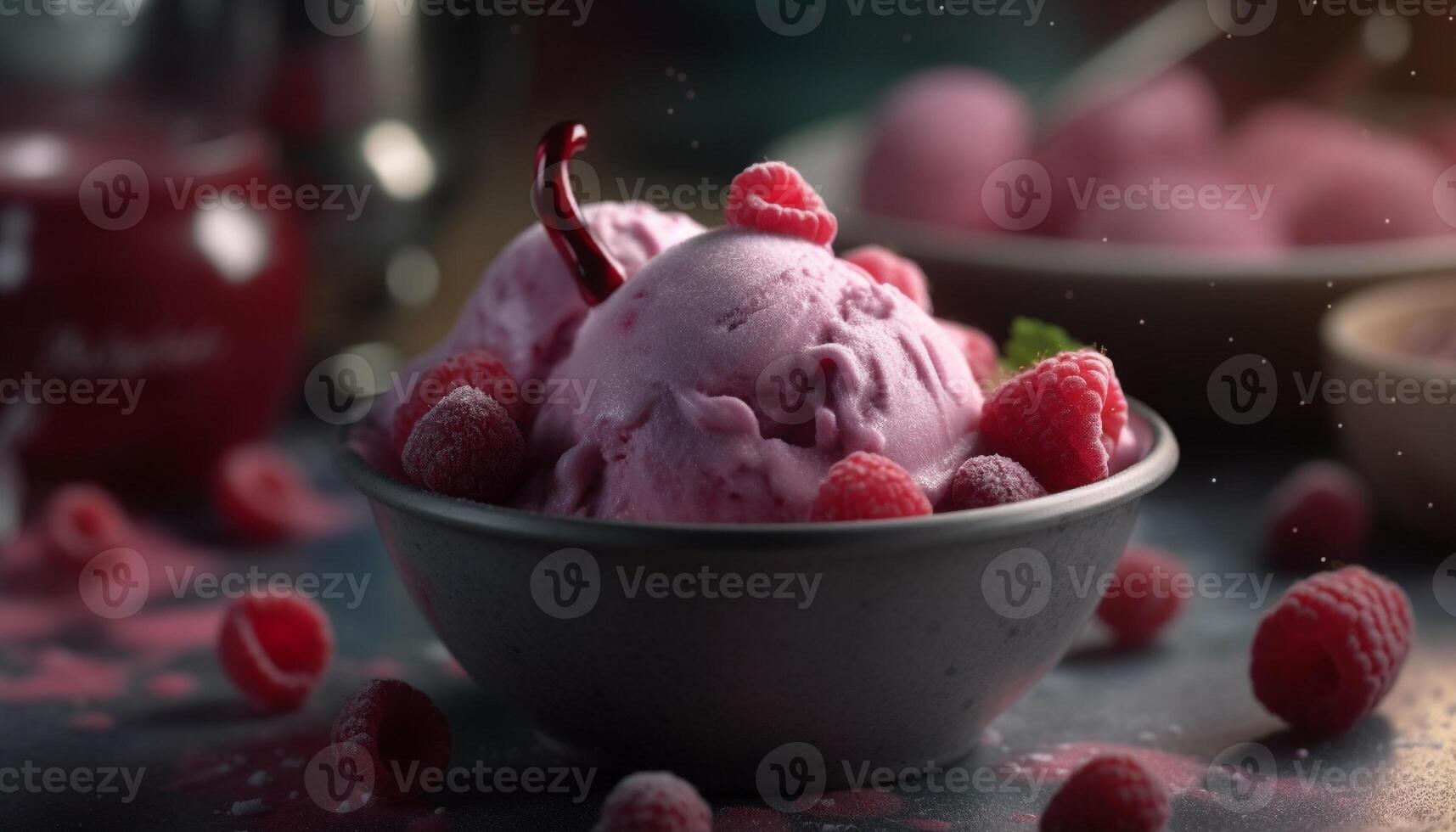 Fresh berry dessert with homemade strawberry ice cream and frozen yogurt generated by AI photo