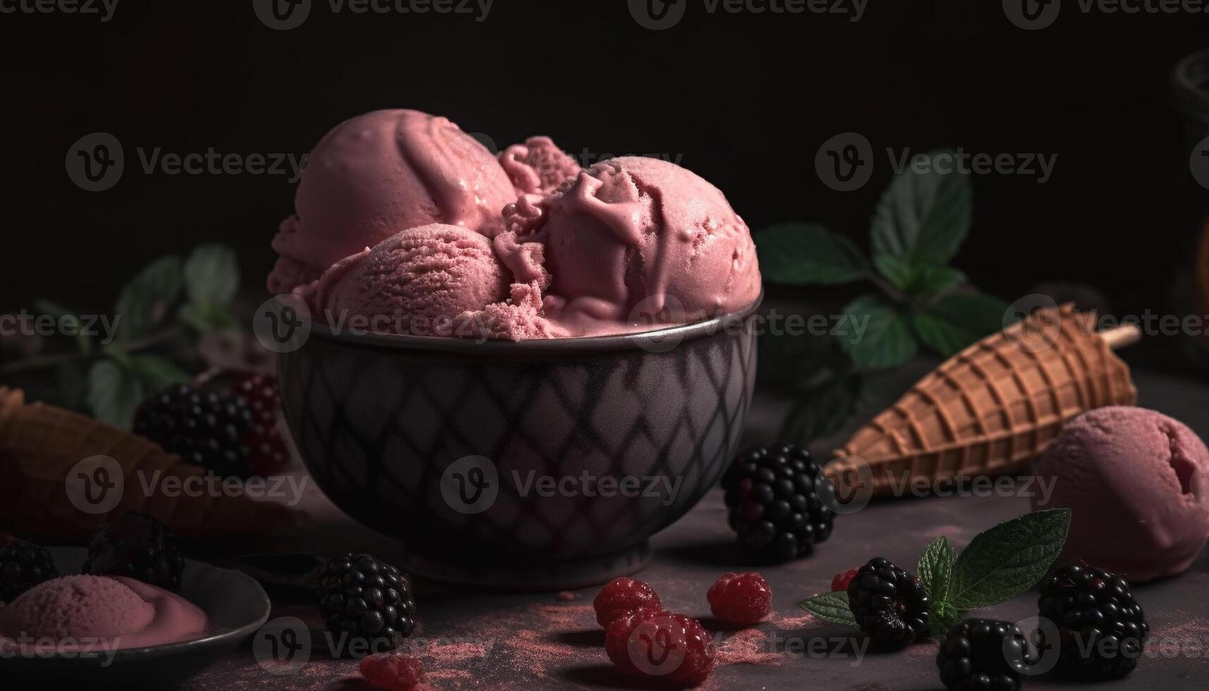 Indulgent ice cream sundae with raspberry, blueberry, and strawberry fruit generated by AI photo