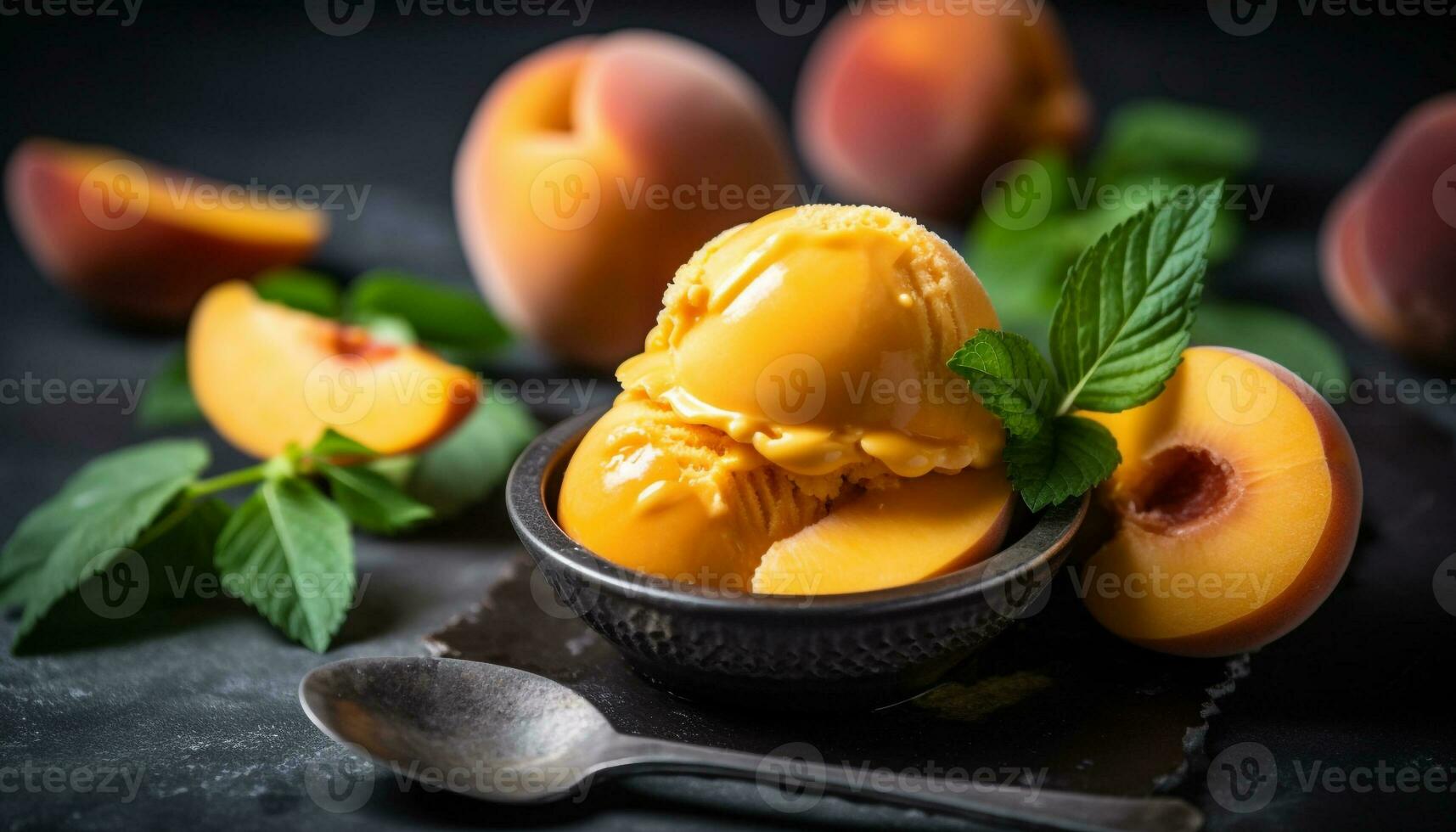 Fresh gourmet dessert Peach sorbet with apricot and melon slices generated by AI photo