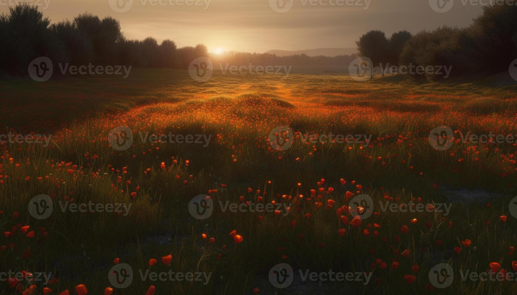 tranquilo prado a oscuridad, flores silvestres floración en vibrante puesta de sol belleza generado por ai foto