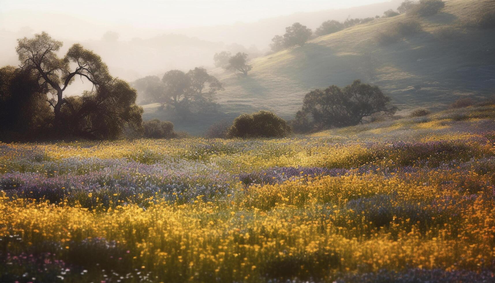 Tranquil meadow landscape with yellow wildflowers and green grass generated by AI photo