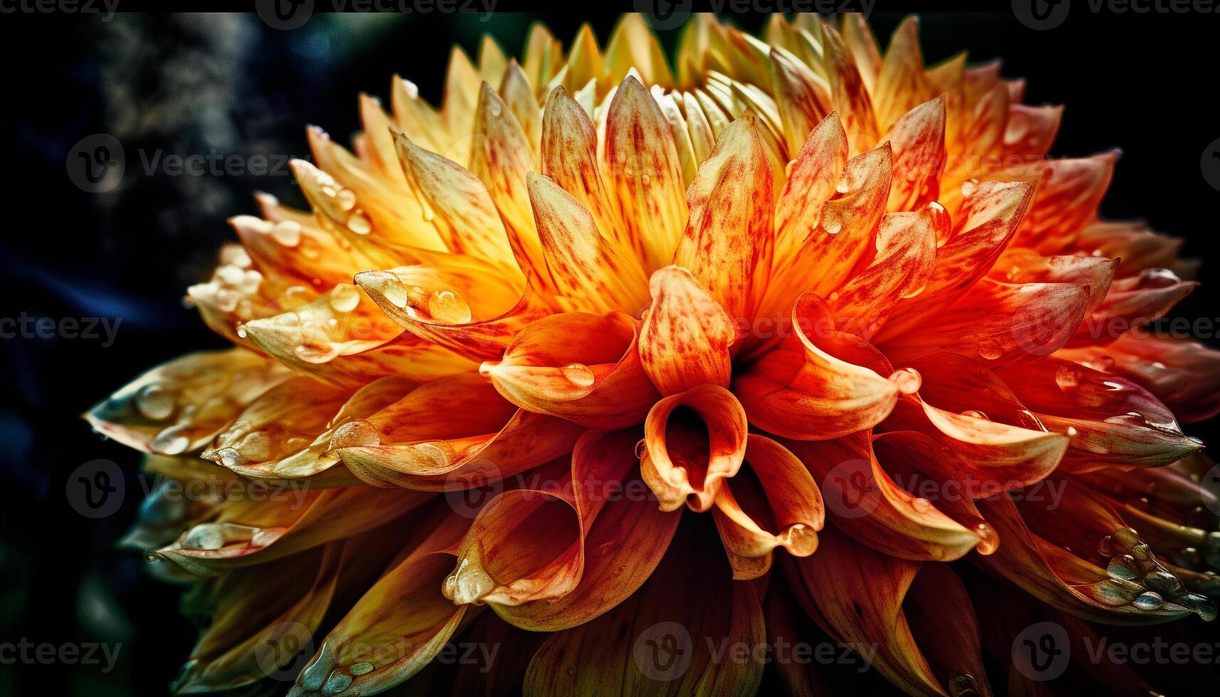 Vibrant dahlia blossom, dew drop on petal, black background beauty generated by AI photo