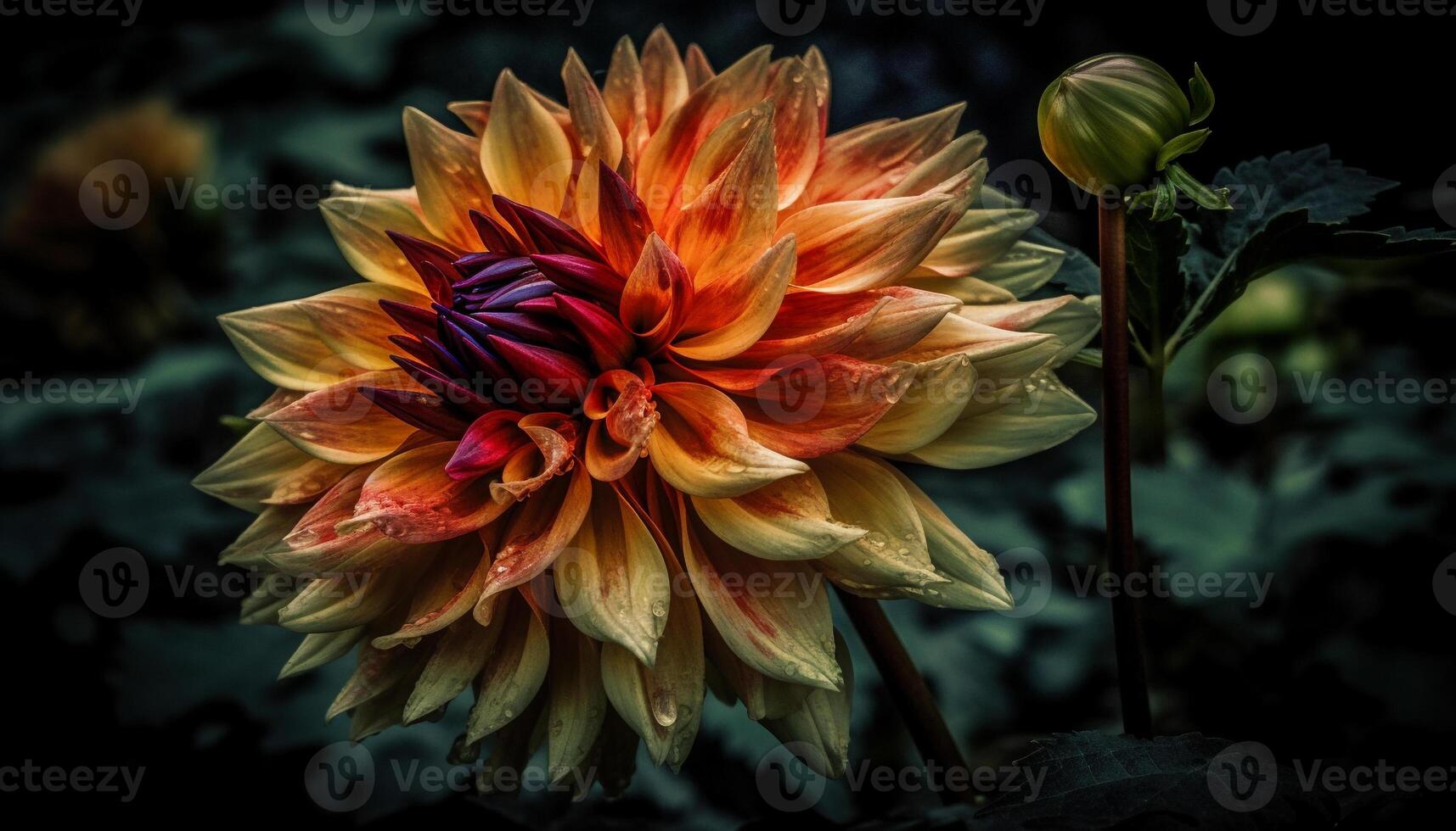 Vibrant dahlia blossom, close up of yellow petal in formal garden generated by AI photo