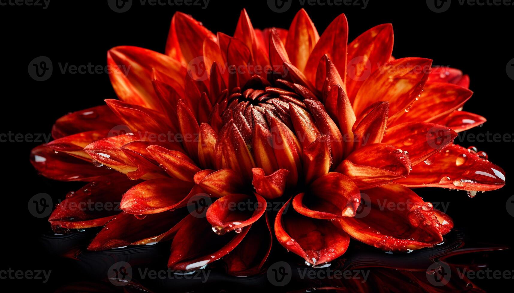 Vibrant petals of a multi colored dahlia, wet with dew generated by AI photo