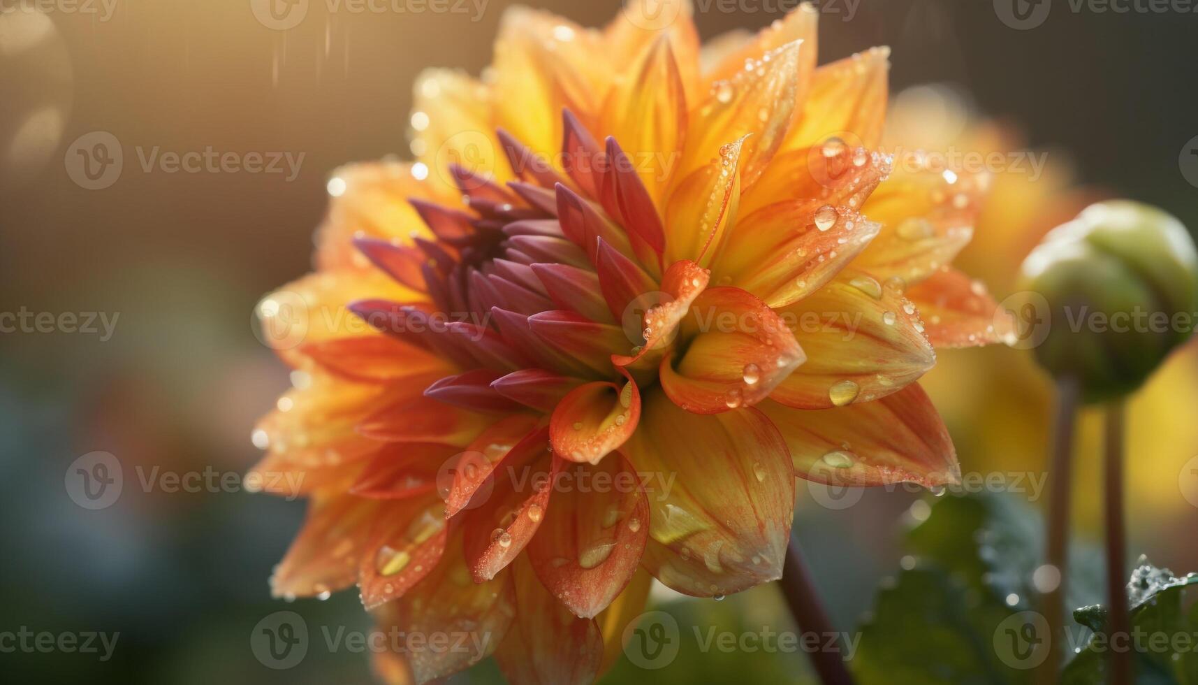Vibrant multi colored dahlia blossom in formal garden under sunlight generated by AI photo