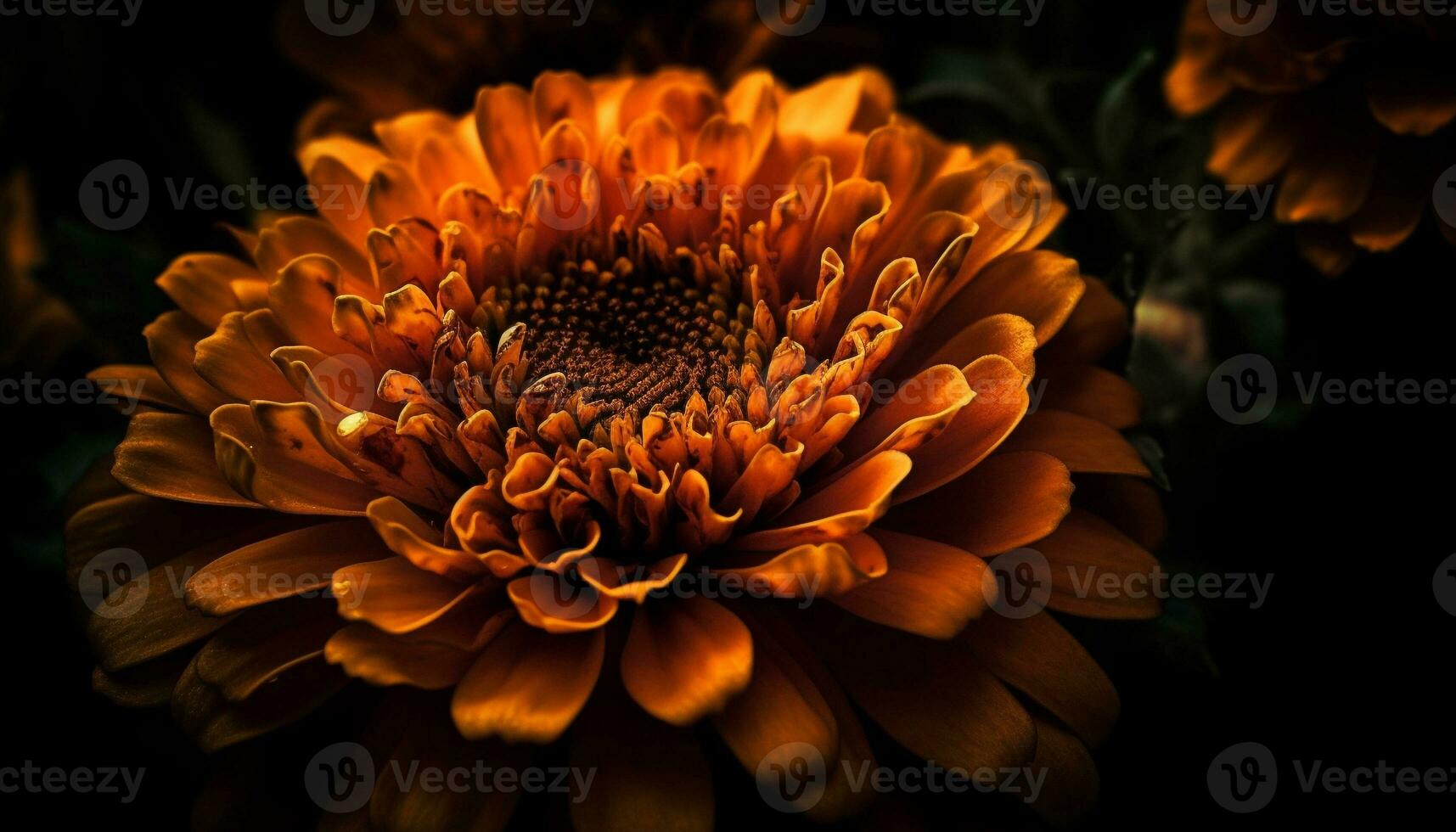 Vibrant yellow sunflower, close up of single flower petal and seed generated by AI photo