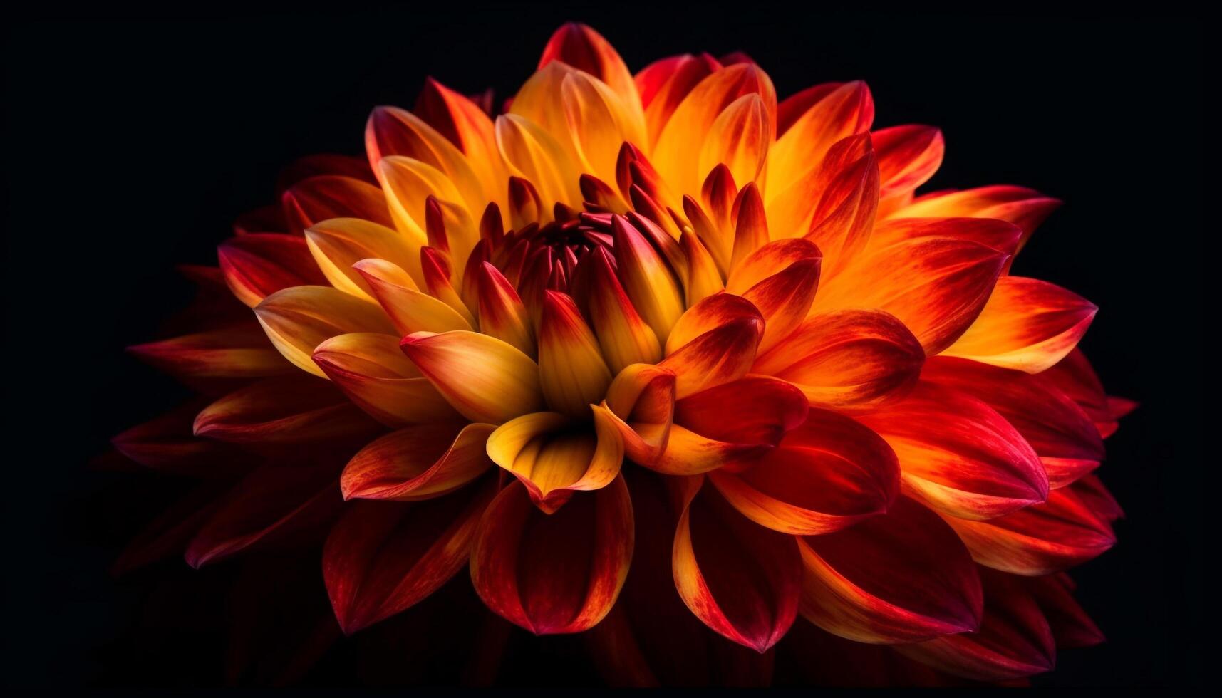 Vibrant colored flower head in macro, on black background generated by AI photo