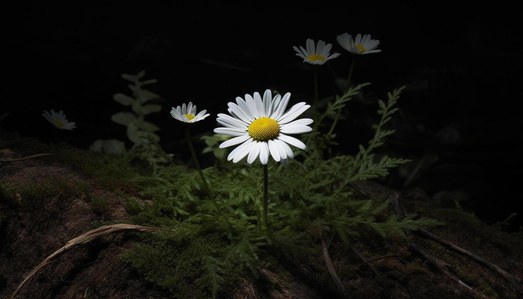 Fresh chamomile blossom in green meadow, surrounded by yellow daisies generated by AI photo