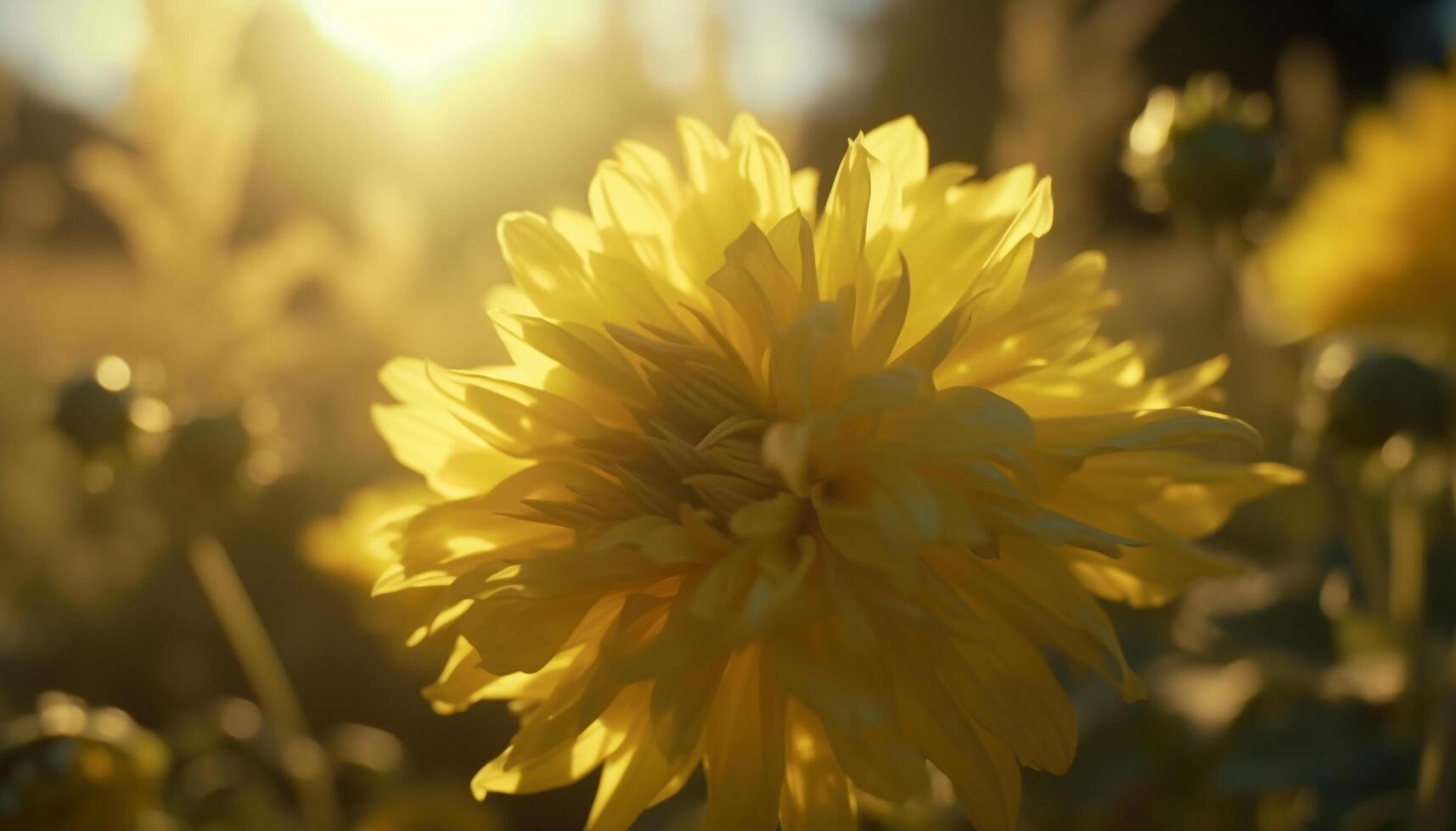 vibrante amarillo girasol florecer en Fresco prado, retroiluminado por luz de sol generado por ai foto