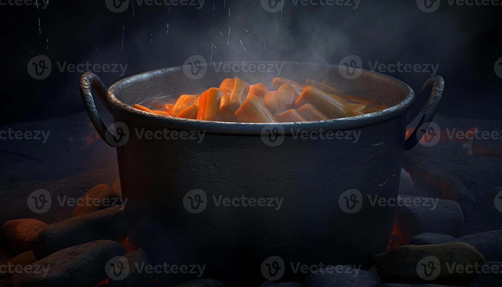 Gourmet stew cooked over a glowing campfire in cast iron generated by AI photo