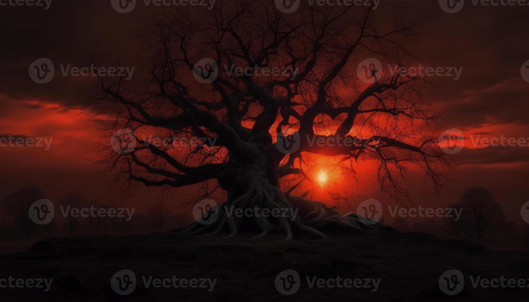 Silhouette of tree branch back lit by spooky sunset sky generated by AI photo