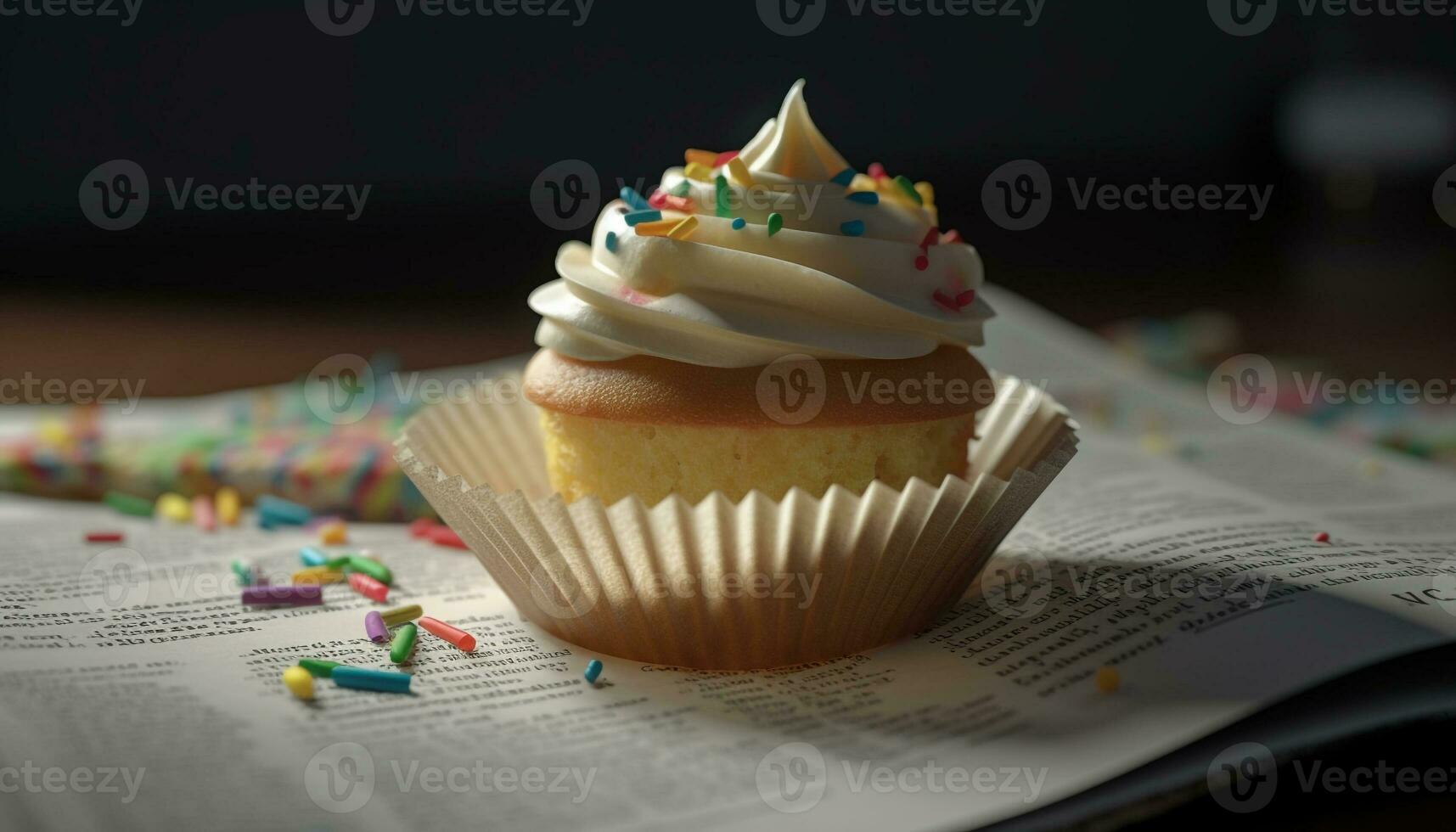 Colorful homemade cupcake with chocolate icing for birthday celebration generated by AI photo