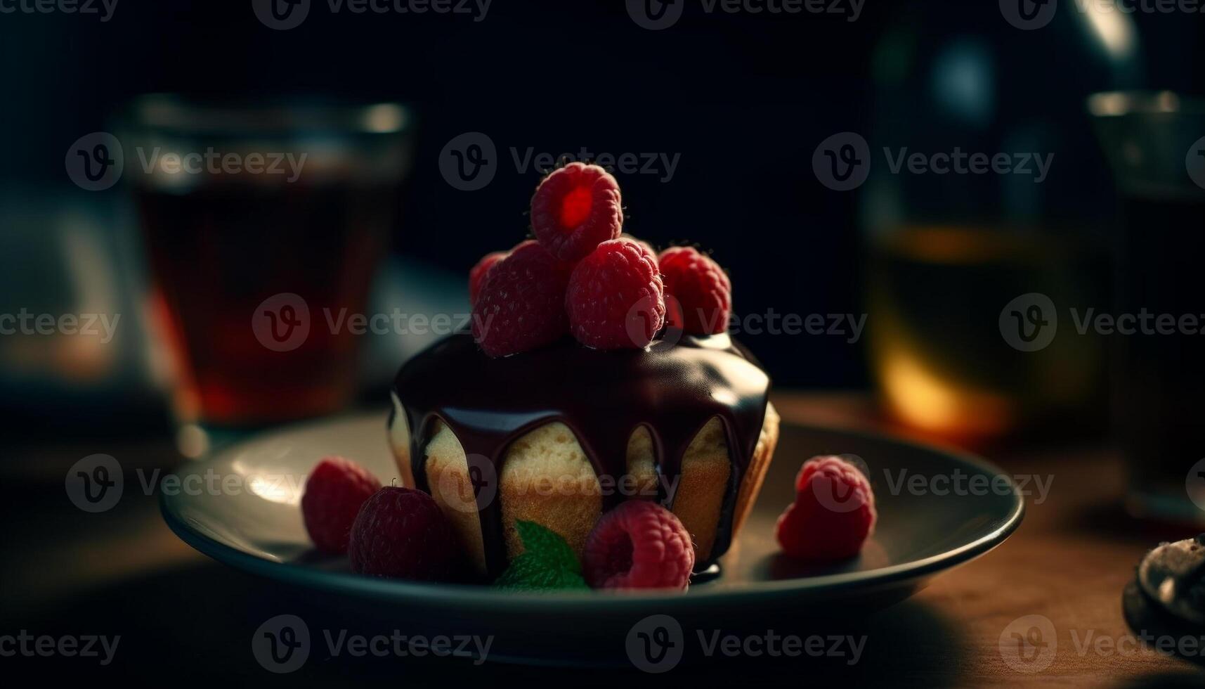 A gourmet dessert plate with raspberry, strawberry, blueberry, and chocolate generated by AI photo