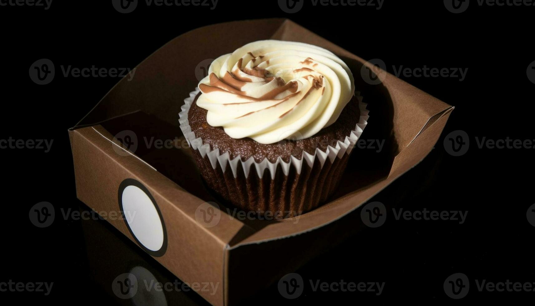 Cute cupcake with chocolate icing on dark wood table indoors generated by AI photo