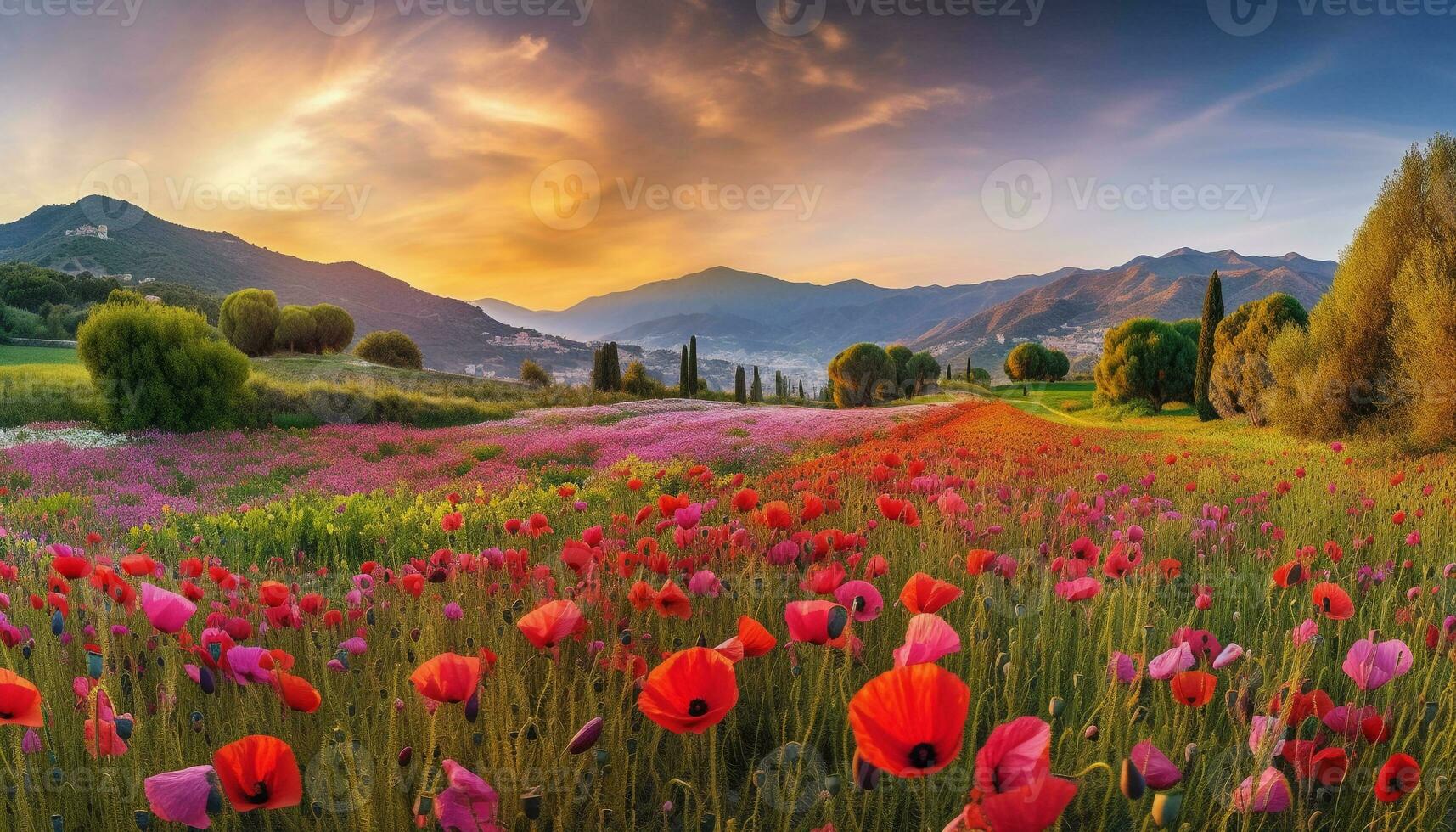 idílico prado paisaje con vibrante flores debajo púrpura puesta de sol cielo generado por ai foto