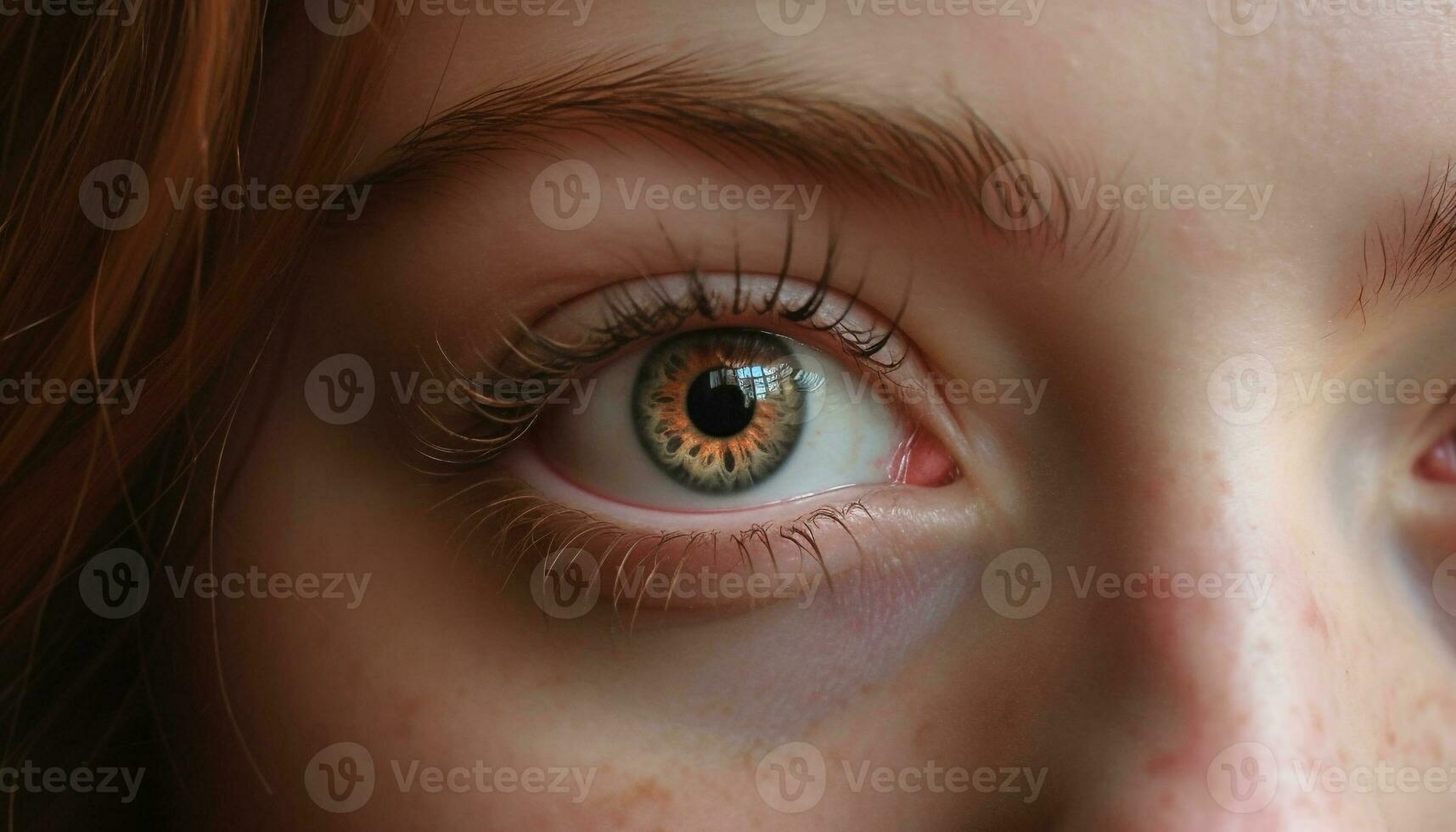 caucásico mujer cerca arriba retrato, curioso con azul ojos y sonriente generado por ai foto