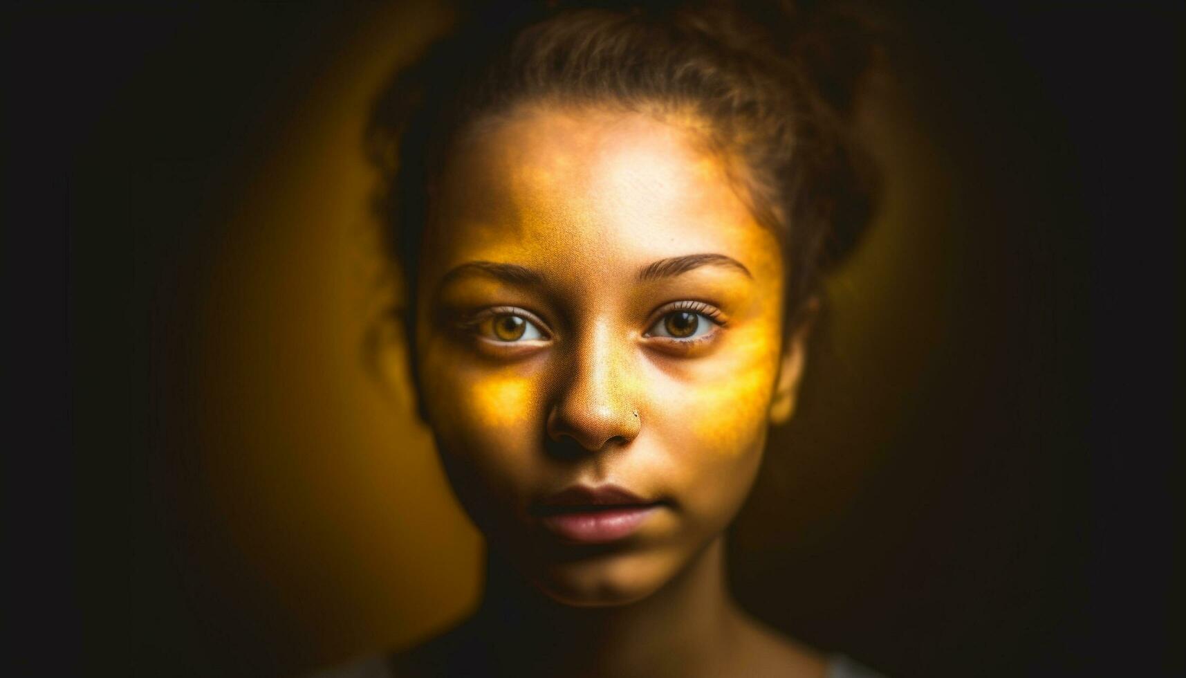 Young adult woman with curly brown hair smiling confidently at camera generated by AI photo