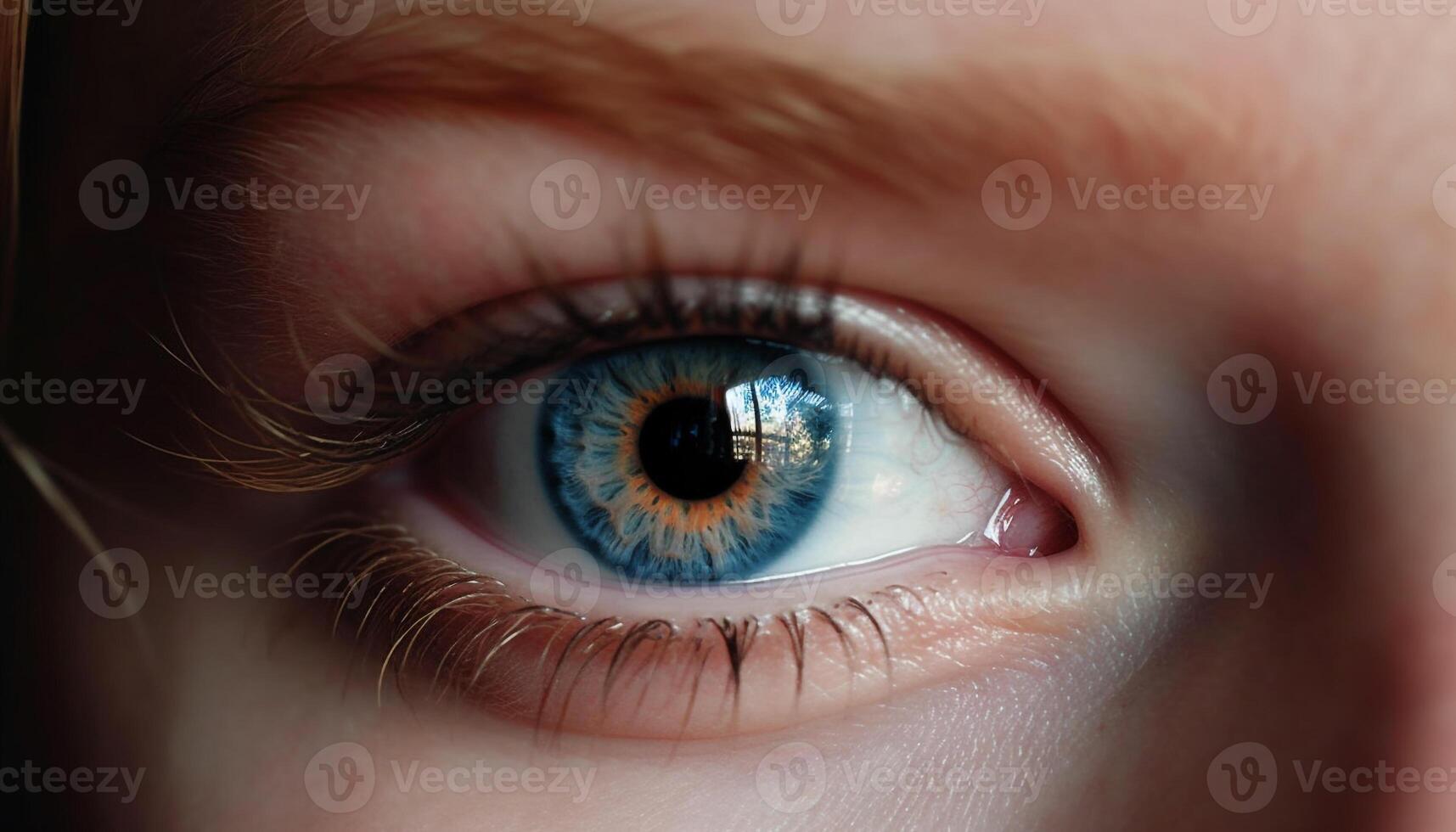 Blue eyed Caucasian woman staring at camera with selective focus generated by AI photo