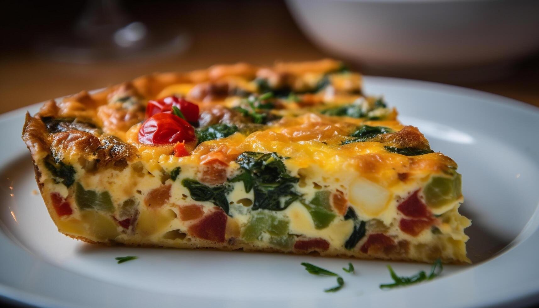 Freshly baked vegetarian lasagna with mozzarella and tomato garnish generated by AI photo